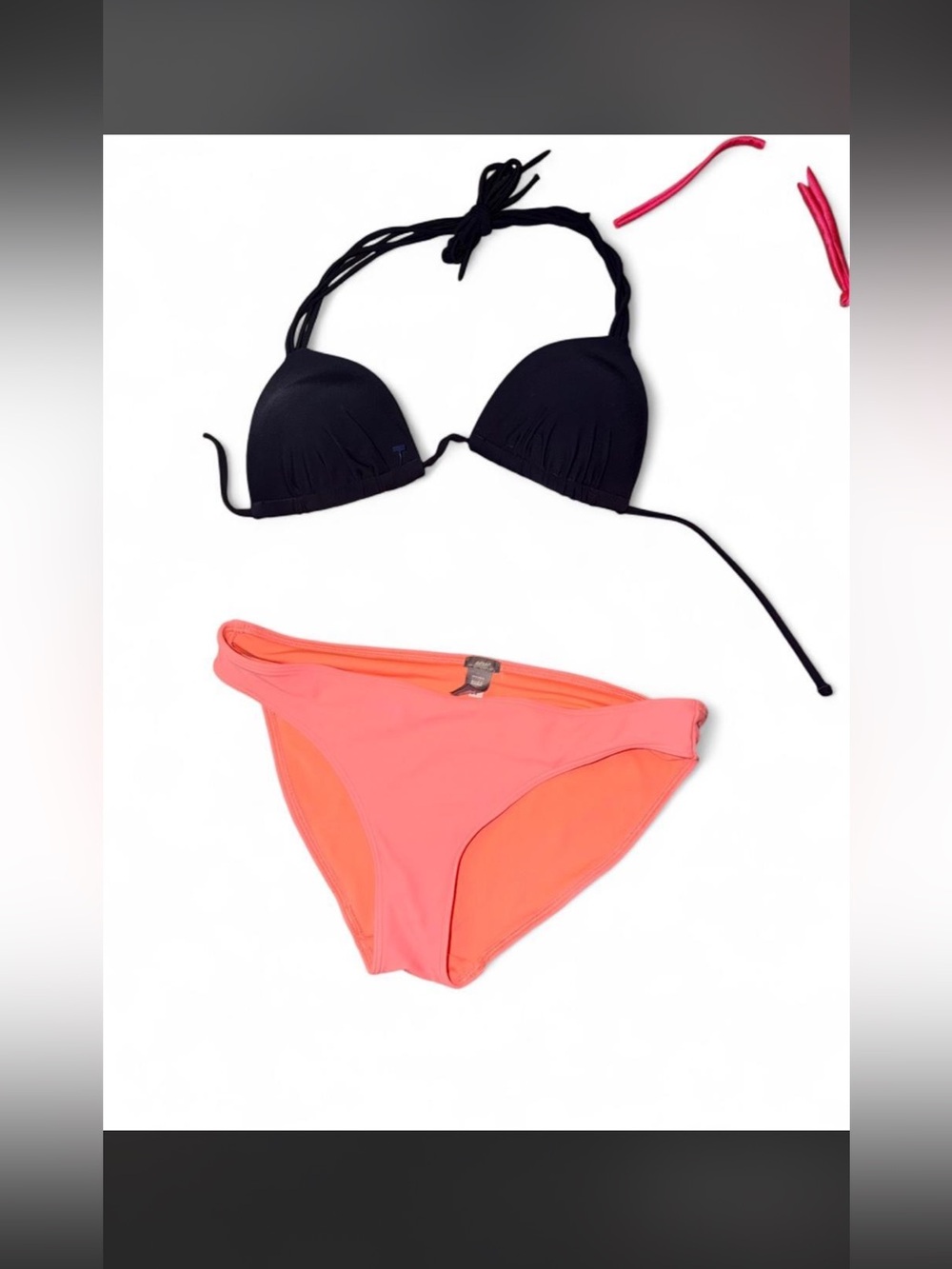 aerie Black Triangle Top with Coral Bikini Bottoms